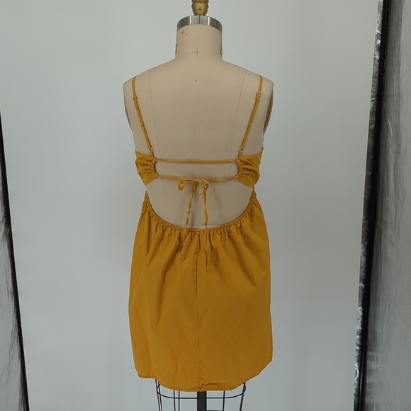 Urban Outfitters Ruffle Open Back Tie Mini Dress Mustard Yellow L cottagecore - Picture 2 of 7